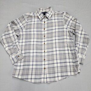 Lands' End Women's 14 Flannel Shirt Button Up Gray Plaid Cotton Long Sleeve